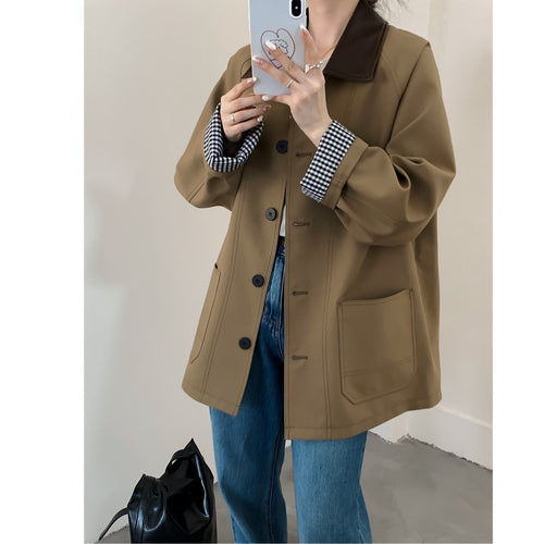 Damen Oversize Kurzjacke im Trenchstil mit Lederoptik-Kragen und karierten Umschlagmanschetten Echoarchiv