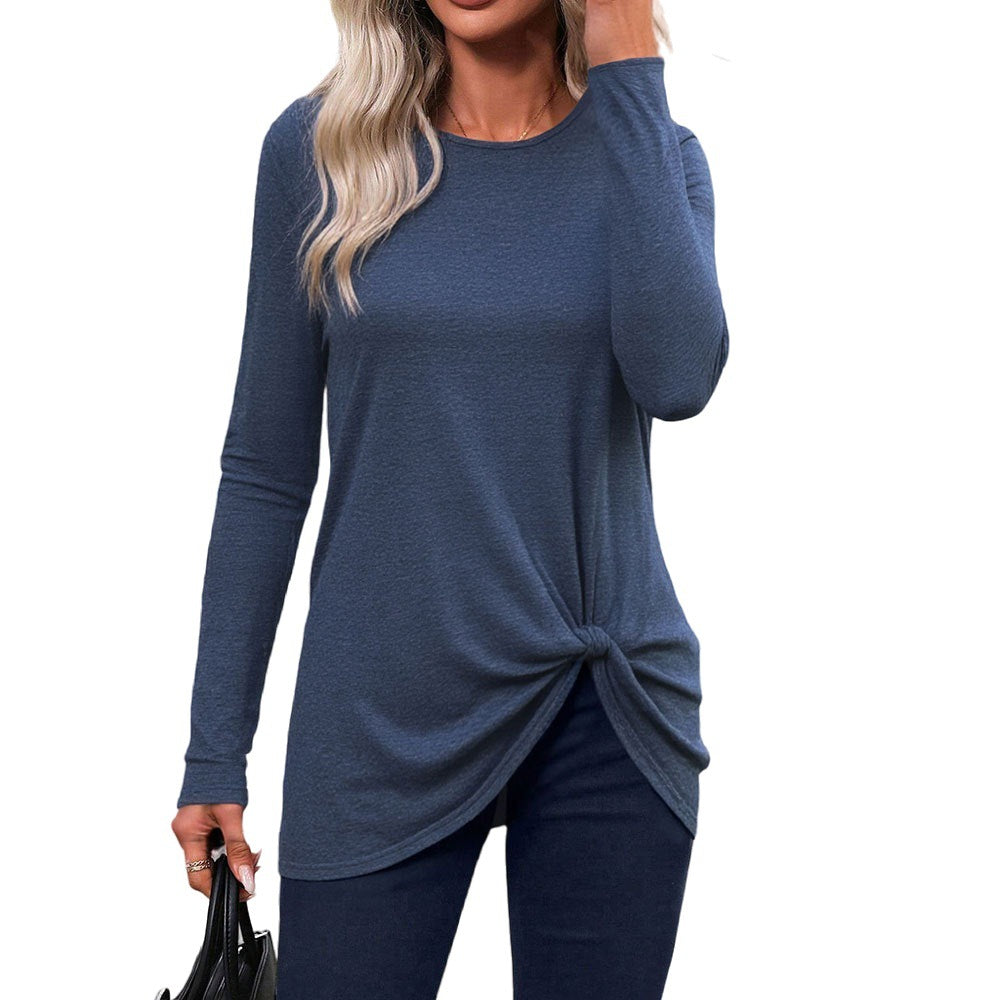 Damen langes Knotenshirt mit Rundhalsausschnitt Twist-Knoten vorne und Longline-Schnitt – Avérine