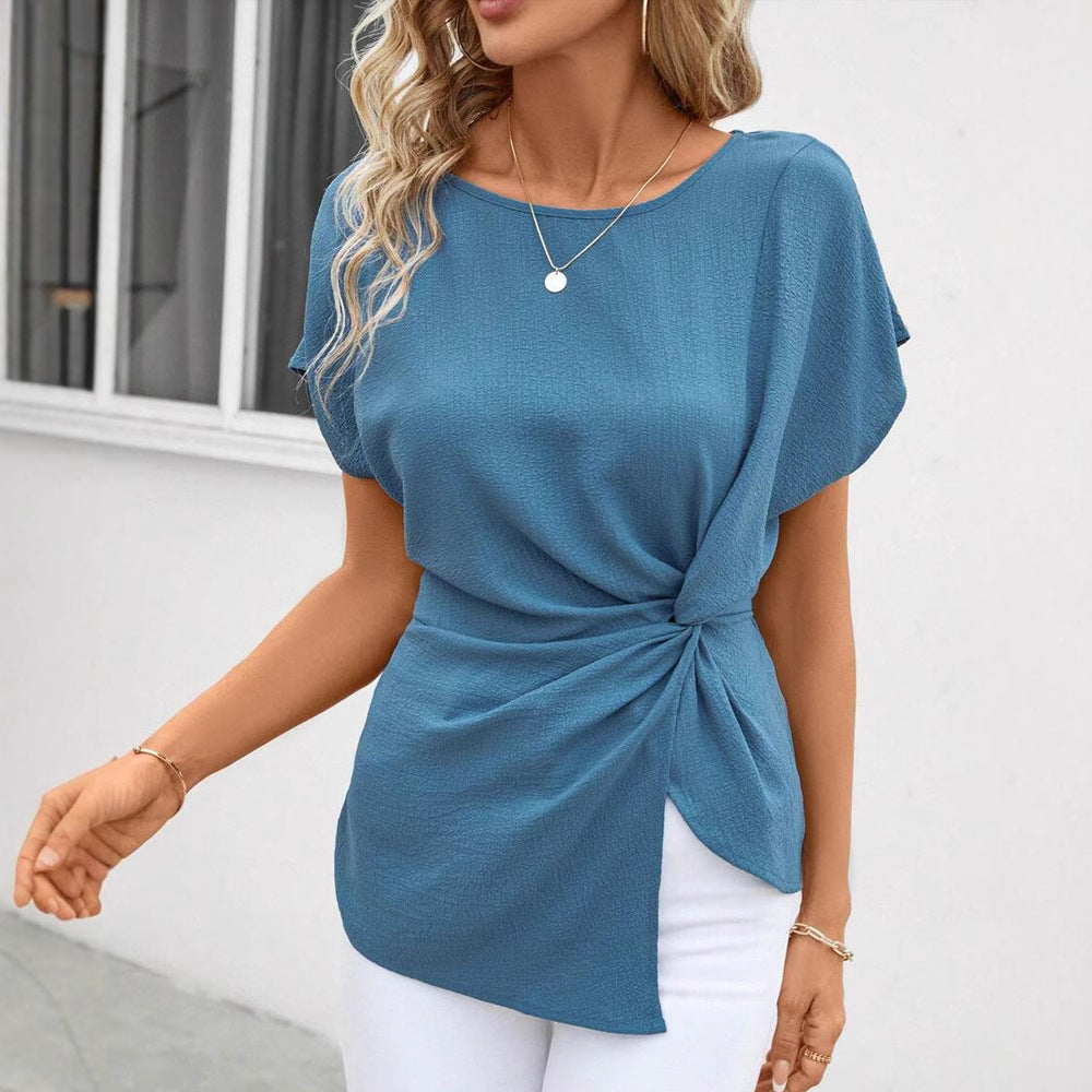 Damen nan tailliertes Kurzarm-Drapéshirt mit seitlicher Knotenschlinge und strukturierter Crêpeoptik Echo Archiv