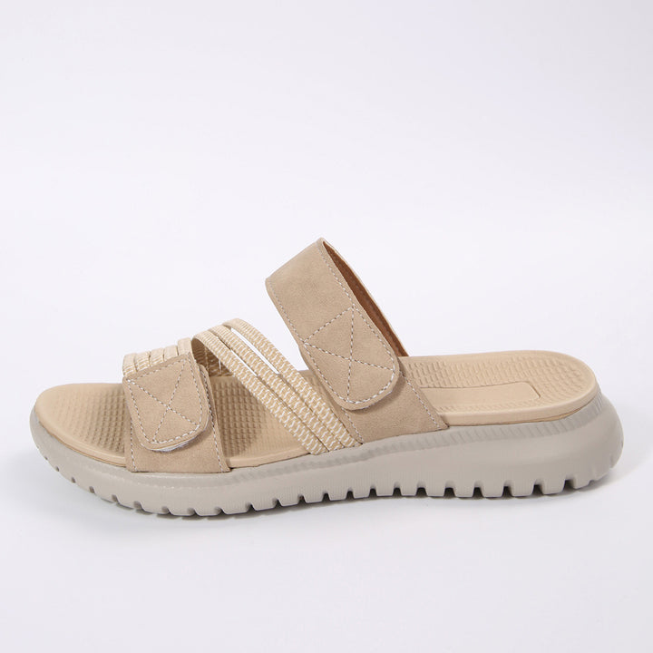 Damen Komfort-Pantolette mit verstellbaren Klettriemen, elastischen Zierbändern und stoßdämpfender Profilsohle Echo Archiv