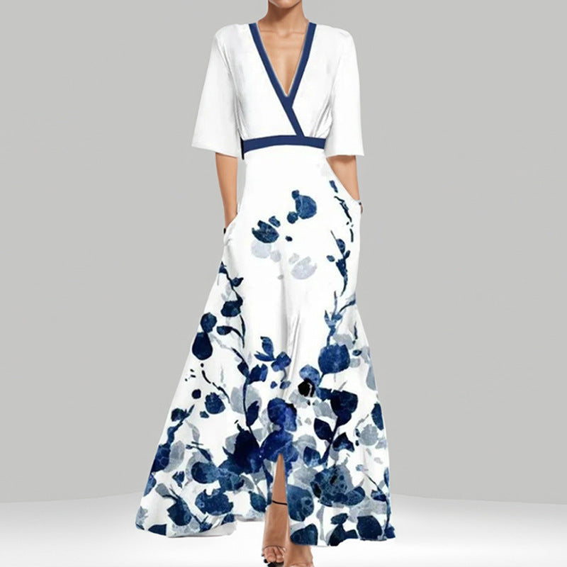 Damen Maxikleid mit Wickeloberteil, Taillengürtel und fließendem Satinrock – Valéora