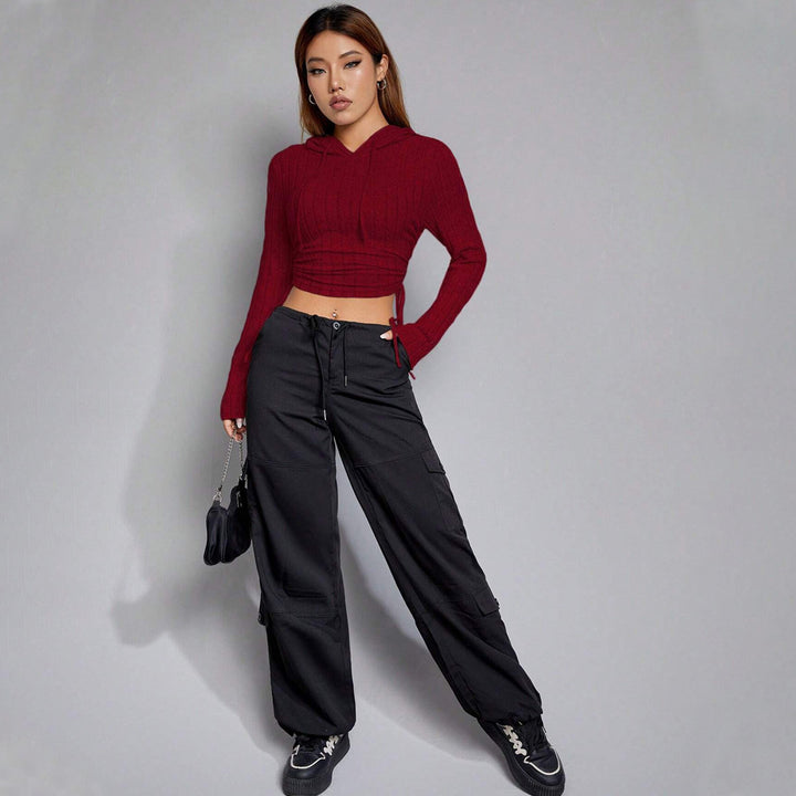 Damen geripptes Crop-Hoodie mit Tunnelzugseitennähten, figurbetonter Silhouette und langen Ärmeln – Auréline