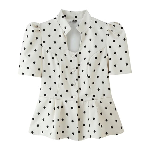 Damen Taillierte Polka‑Dot Bluse mit Stehkragen, Puffärmeln und Schößchen Echo Archiv