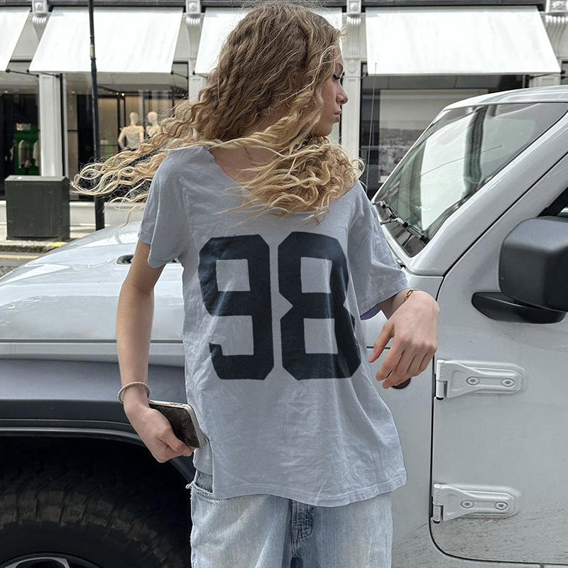 Damen lässiges V-Ausschnitt T-Shirt mit Sportmotiv Echo Archiv
