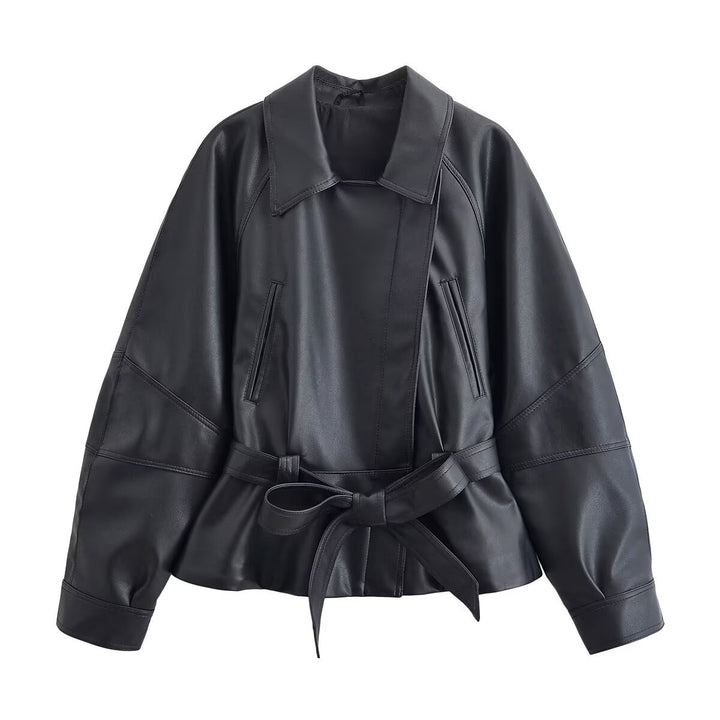 Damen Cropped-Lederoptik-Blouson mit Wickelgürtel, Oversize-Ärmeln und markanten Ziernähten Echo Archiv