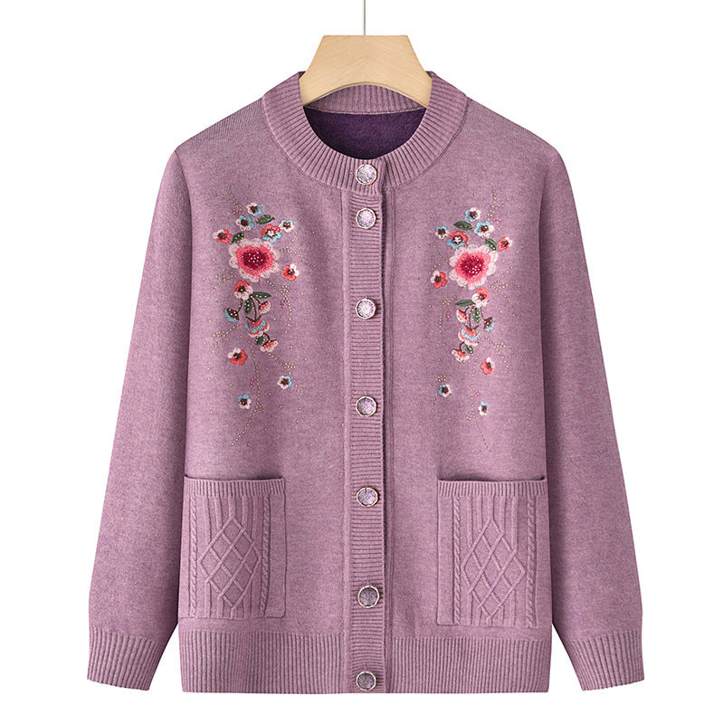 Damen bestickte Strickjacke mit Rundhalsausschnitt, Zierknopfleiste und aufgesetzten Taschen – Veloura
