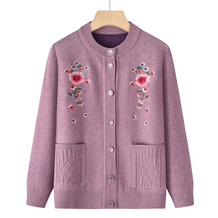 Damen bestickte Strickjacke mit Rundhalsausschnitt, Zierknopfleiste und aufgesetzten Taschen – Veloura