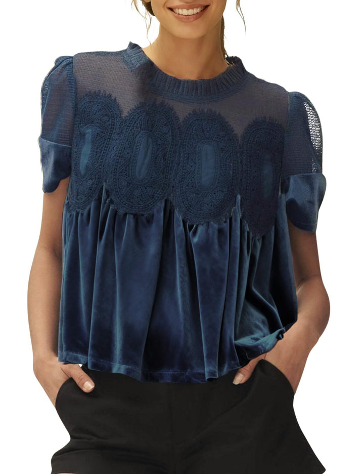 Damen Samtbluse mit Spitzenbesatz, transparentem Einsatz und geraffter A-Linie – Élovi