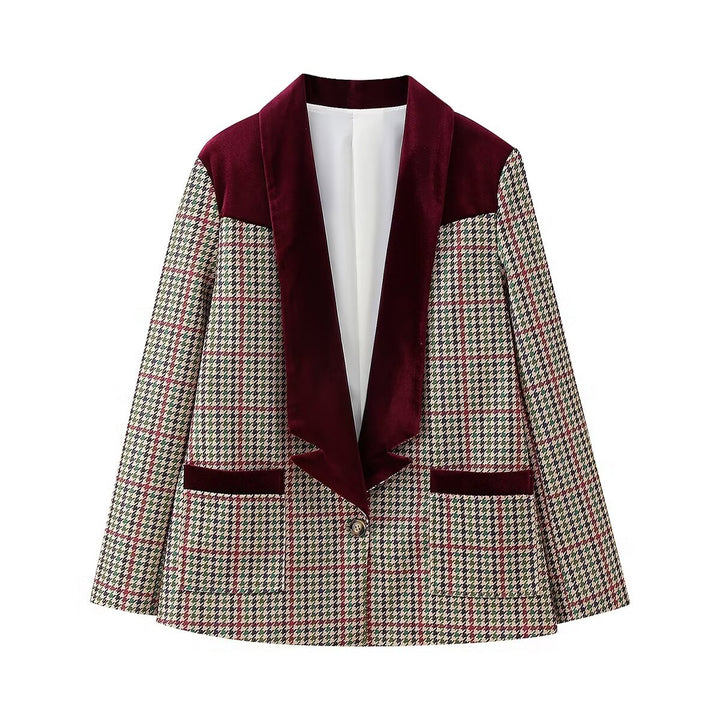 Damen nan Hahnentritt-Blazer mit Samt-Schalkragen und Pattentaschen Echo Archiv