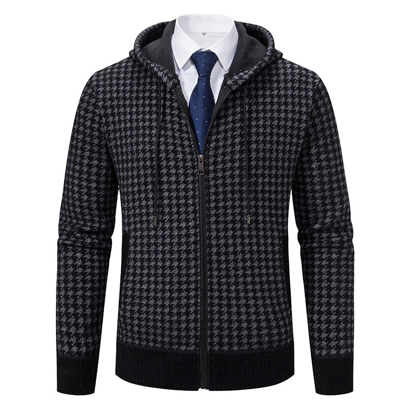 Herren gemütlicher Strickpullover mit modernem Karomuster und Kapuze Echoarchiv