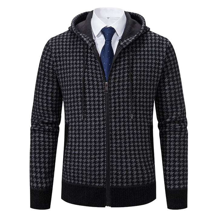 Herren gemütlicher Strickpullover mit modernem Karomuster und Kapuze Echoarchiv