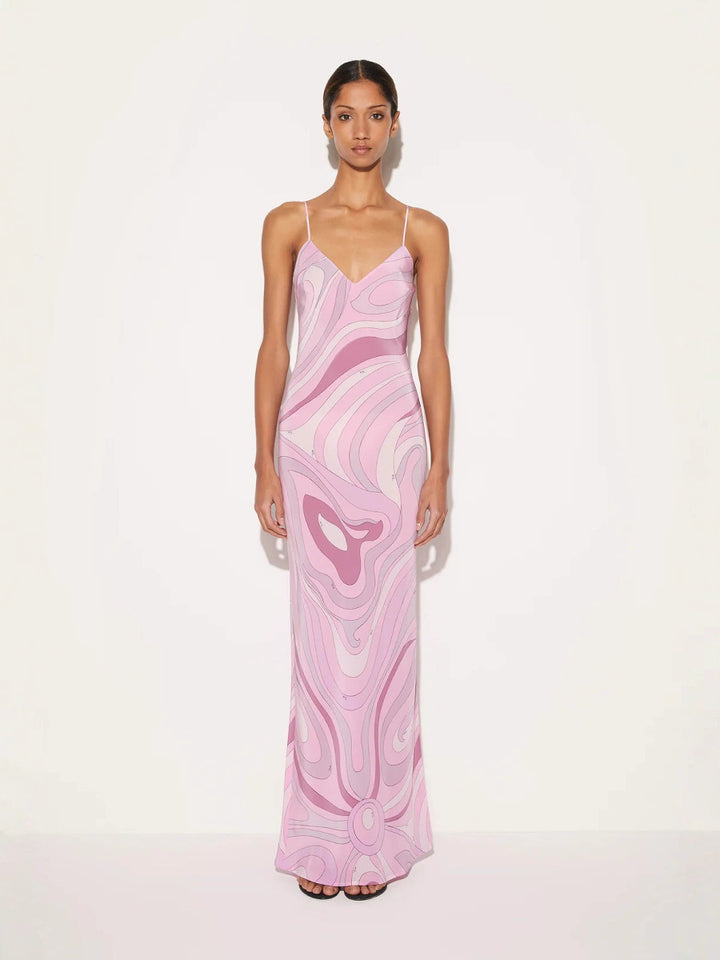 Damen nan elegantes Slip-Maxikleid mit V-Ausschnitt, filigranen Spaghettiträgern und retro-grafischem Allover-Print Echo Archiv