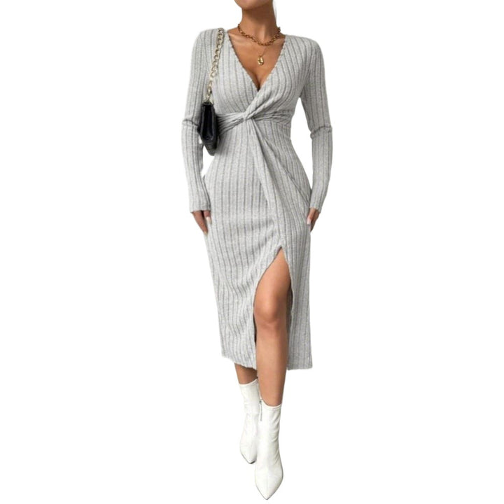 Damen geripptes Twist-Midikleid mit V-Ausschnitt, taillierter Silhouette und Frontschlitz – Élara