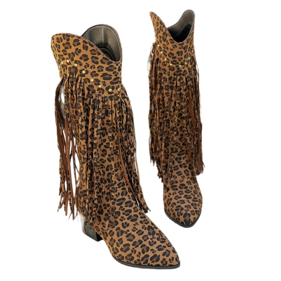 Damen Wadenhohe Wildleder Westernstiefel mit langen Fransen und Ziernieten – Lioré