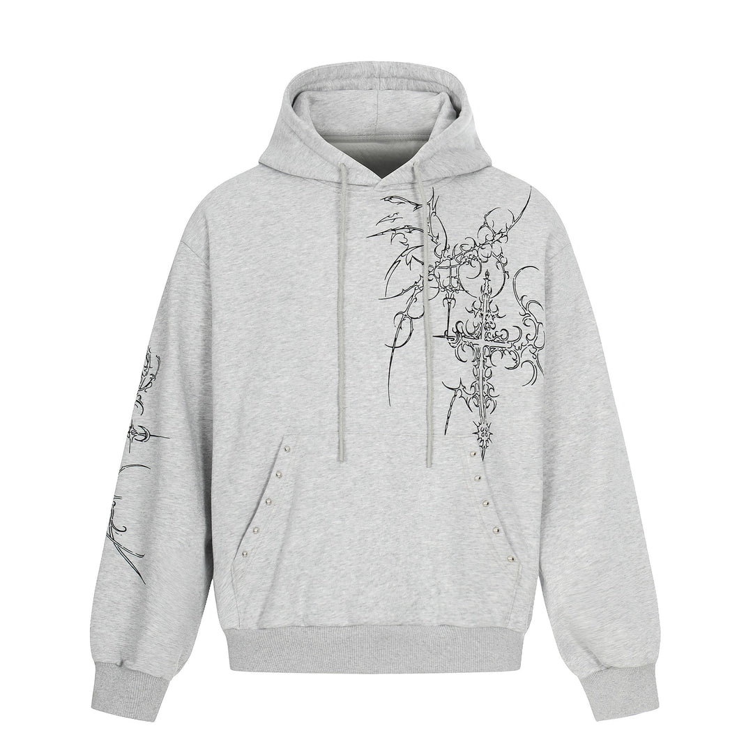 Herren Oversize Kapuzenpullover mit ornamentalem Kreuz‑Print und Nieten Echoarchiv