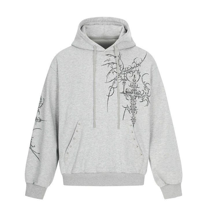 Herren Oversize Kapuzenpullover mit ornamentalem Kreuz‑Print und Nieten Echoarchiv