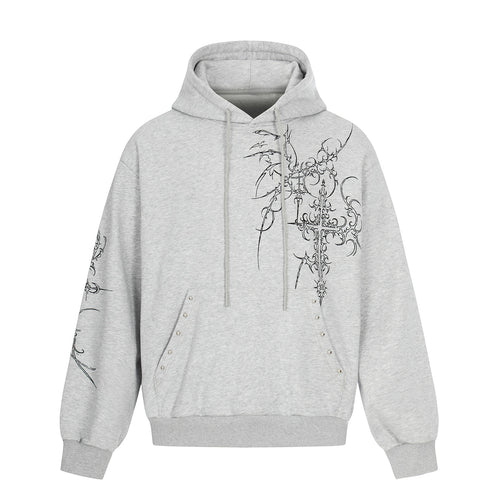 Herren Oversize Kapuzenpullover mit ornamentalem Kreuz‑Print und Nieten Echoarchiv