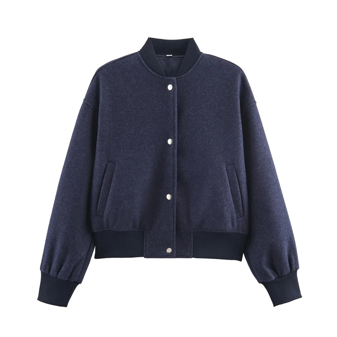 Damen kastig geschnittene Wolloptik-Collegejacke mit verdeckter Druckknopfleiste und seitlichen Schubtaschen – Célinea