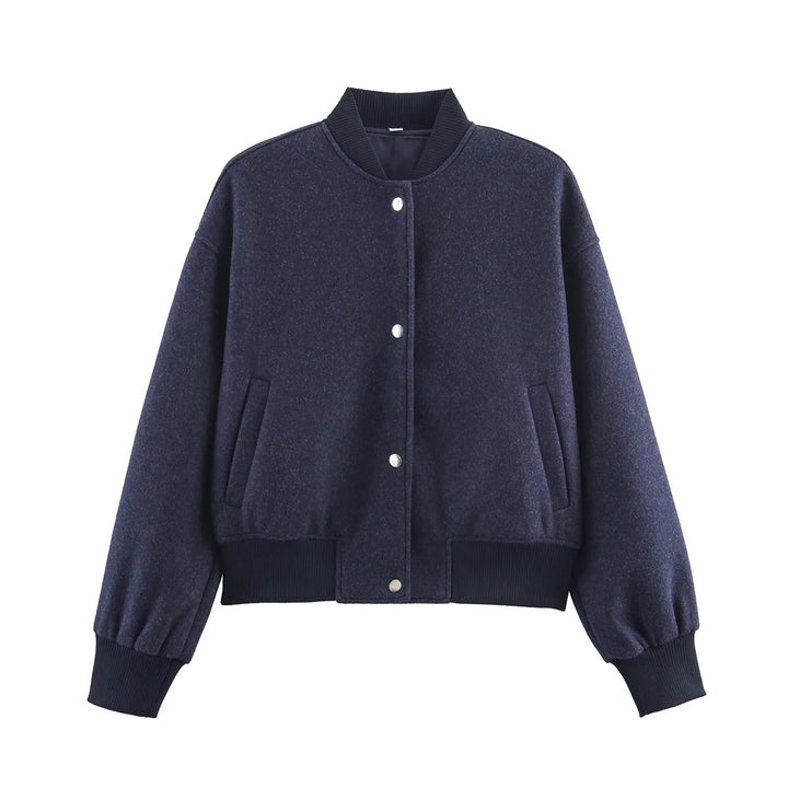 Damen kastig geschnittene Wolloptik-Collegejacke mit verdeckter Druckknopfleiste und seitlichen Schubtaschen – Célinea