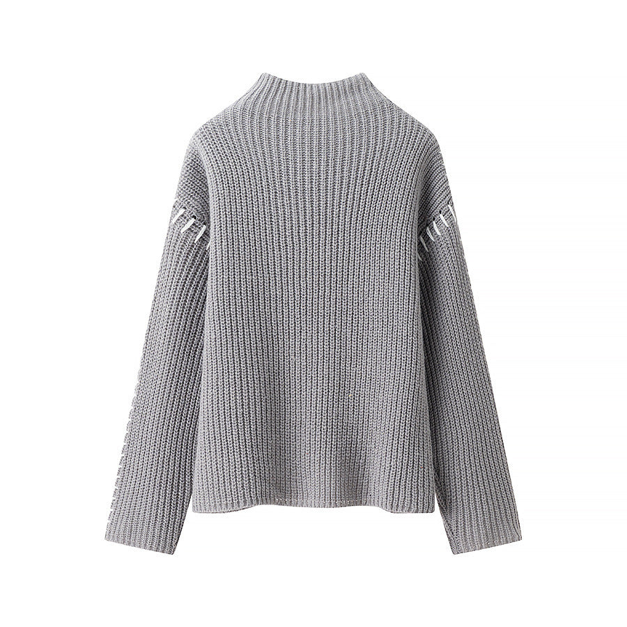 Damen nan grober Strickpullover mit Stehkragen, oversized Schnitt und dekorativer Seitenstich-Ärmelnaht Echo Archiv