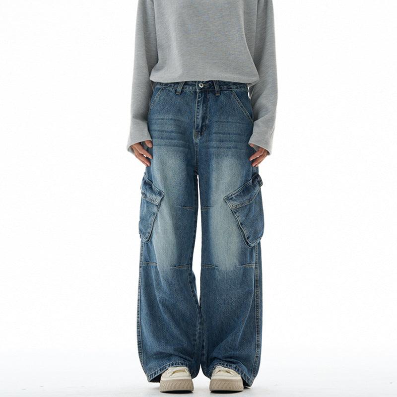 Damen Hochtaillierte Utility-Denim-Palazzohose mit Kniepaneelen und großen Klappentaschen Echo Archiv