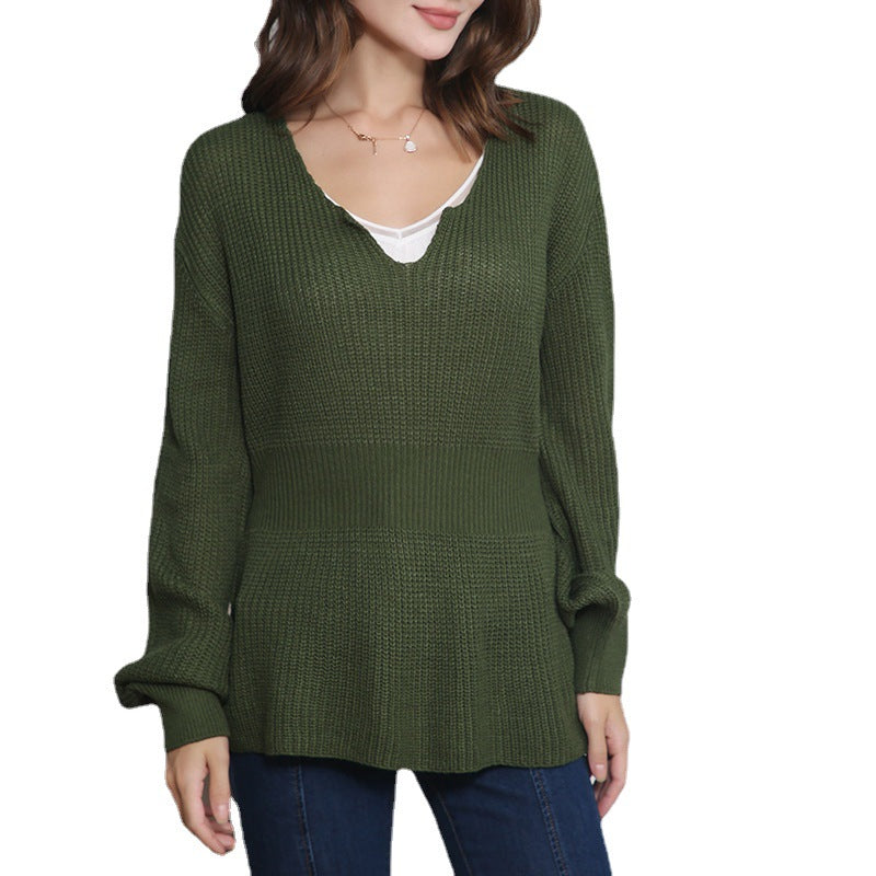 Damen Lockerer Feinstrick-Pullover mit V-Notch-Ausschnitt, Tailliertem Rippbund und Ballonärmeln Echo Archiv