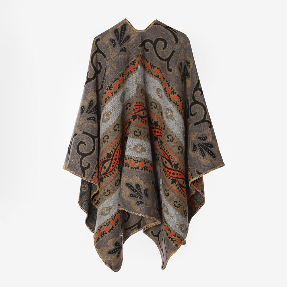 Damen Gewebter Ornament-Poncho im Rechteckschnitt mit feiner Kettelung – Avérine