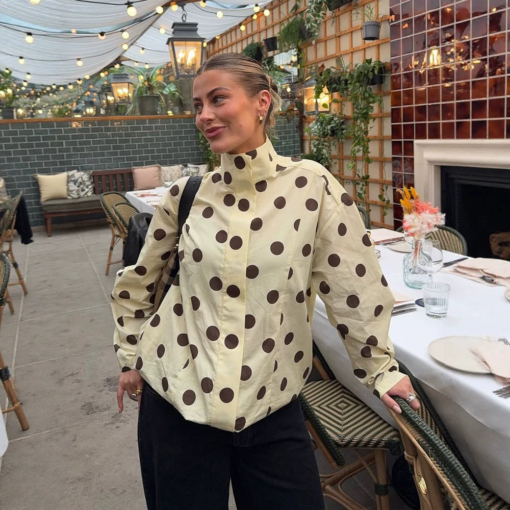 Damen Boxy Hemdjacke mit Stehkragen, Ballonärmeln und großem Polka‑Dot‑Print Echoarchiv