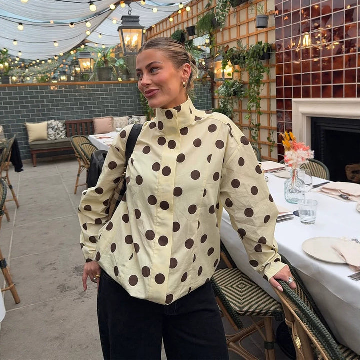 Damen Boxy Hemdjacke mit Stehkragen, Ballonärmeln und großem Polka‑Dot‑Print Echoarchiv