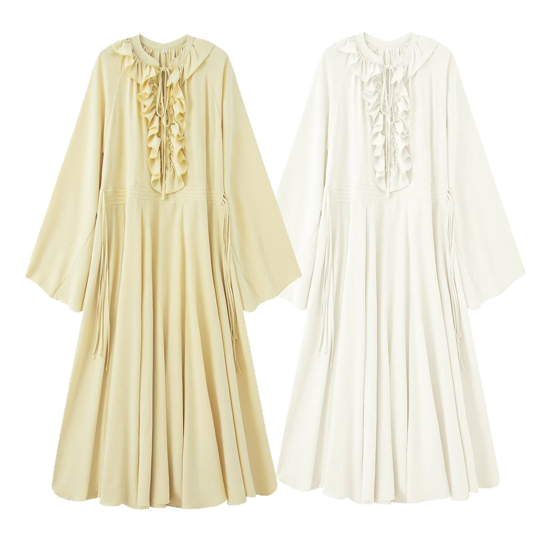 Damen Maxikleid mit Volants, Bindekragen und weitem Glockenärmel Echo Archiv