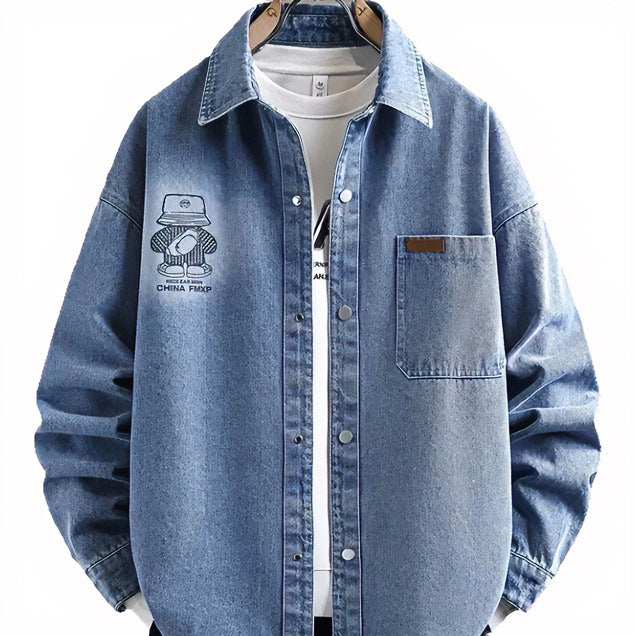 Herren Oversized Denim-Hemdjacke im Relaxed-Worker-Style mit Brusttasche und Druckknöpfen Echoarchiv