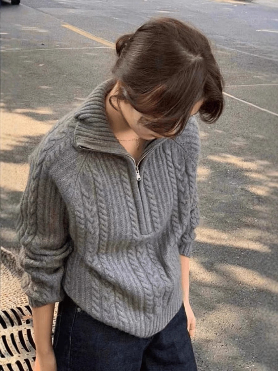 Damen Zopfstrick-Polokragenpullover mit Halbreißverschluss und weichem Mohair-Look Echoarchiv