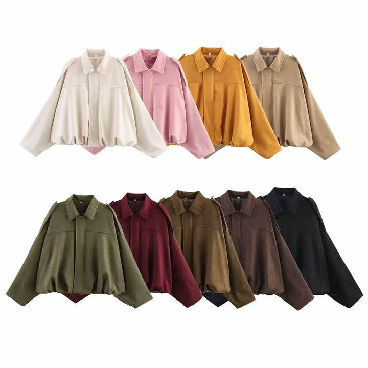Damen Oversize-Suedejacke mit Schulterklappen, verdeckter Knopfleiste und elastischem Saum Echo Archiv