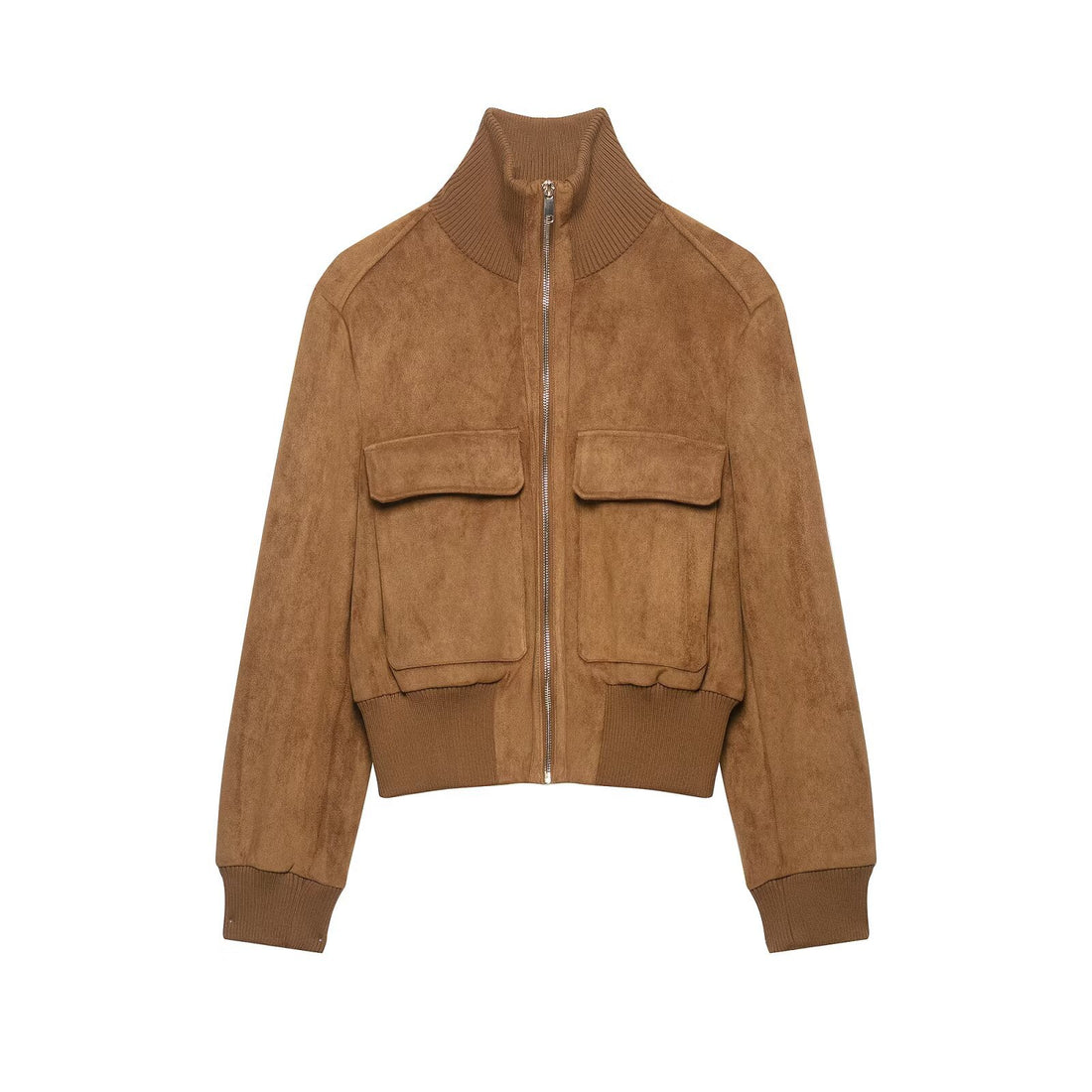 Damen kurzgeschnittene Wildleder-Bomberjacke mit hohem Rippkragen und Pattentaschen Echoarchiv