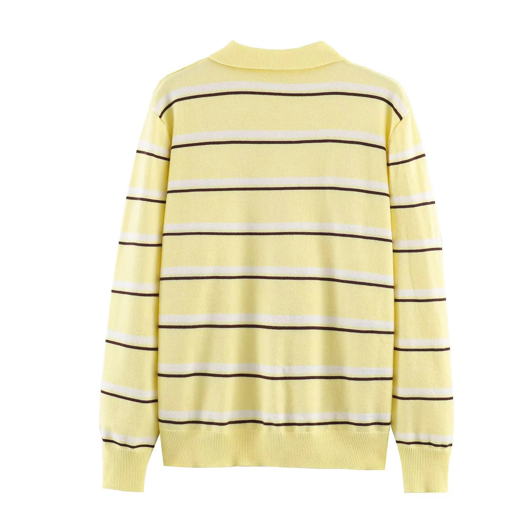 Damen gestreifter Poloshirt-Pullover mit Troyerkragen und dezenter Knopfleiste – Mavelle