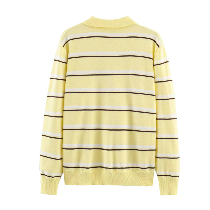 Damen gestreifter Poloshirt-Pullover mit Troyerkragen und dezenter Knopfleiste – Mavelle