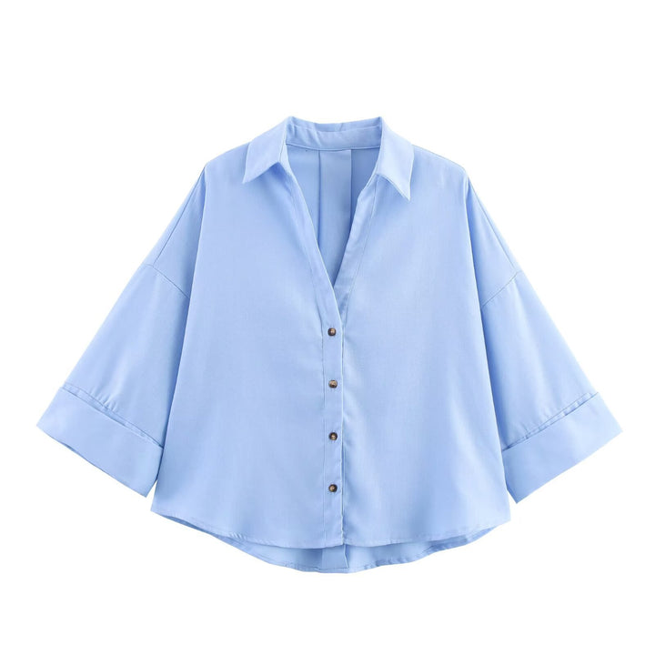 Damen nan lockere oversized Hemdbluse mit weitem Kragen und Dreiviertelärmeln Echo Archiv