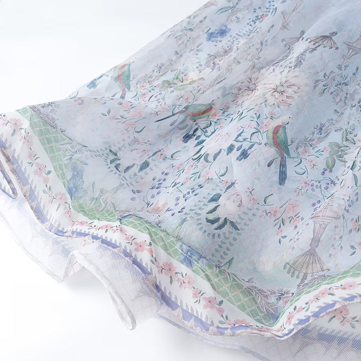 Damen Maxikleid mit Stehkragen, Glockenärmeln, floralem Druck und Bindegürtel Echoarchiv