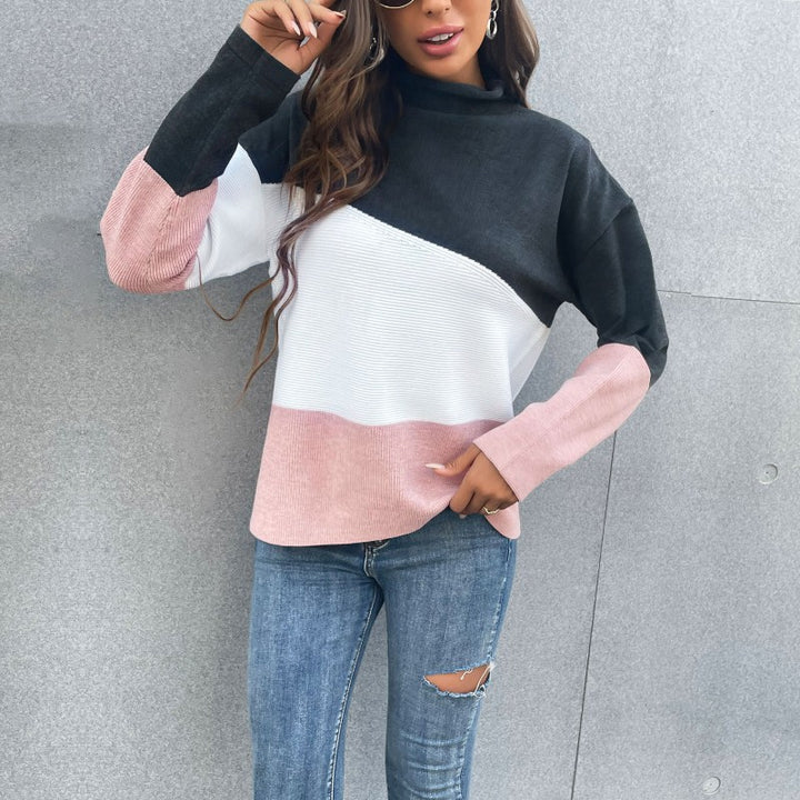Damen Dreifarbiger Strukturstrick-Pullover mit Stehkragen und lässiger Oversize-Silhouette Echoarchiv