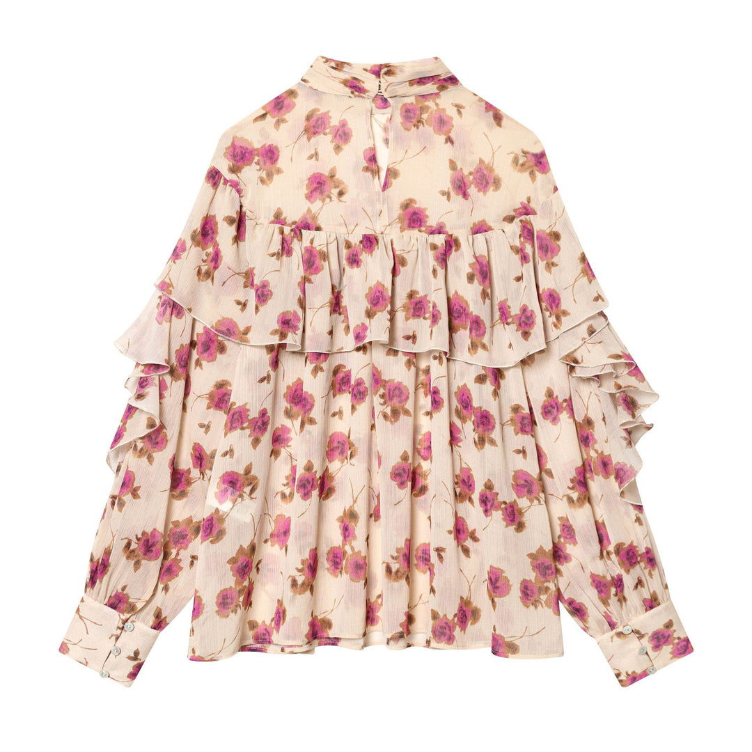 Damen zarte Volantbluse mit Stehkragen, mehrlagigen Rüschenstufen und floralem Chiffon – Élovi