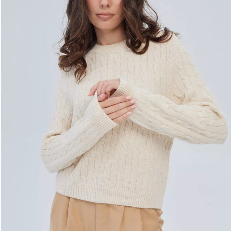 Damen Kabelstruktur‑Pullover im Zopfstrick mit Rundhalsausschnitt und nachhaltig weicher Wollmischung – Mavelle