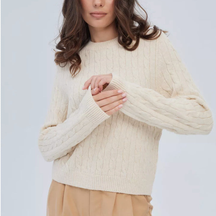 Damen Kabelstruktur‑Pullover im Zopfstrick mit Rundhalsausschnitt und nachhaltig weicher Wollmischung – Mavelle