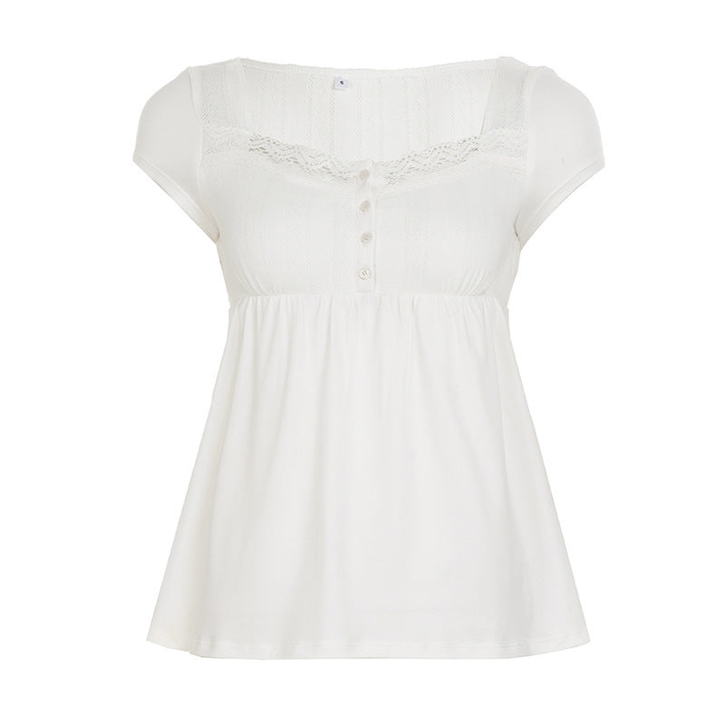 Damen lässiges T-Shirt mit Spitzenverzierung und Knopfdetails Echo Archiv