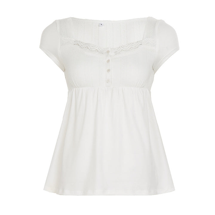 Damen lässiges T-Shirt mit Spitzenverzierung und Knopfdetails Echo Archiv