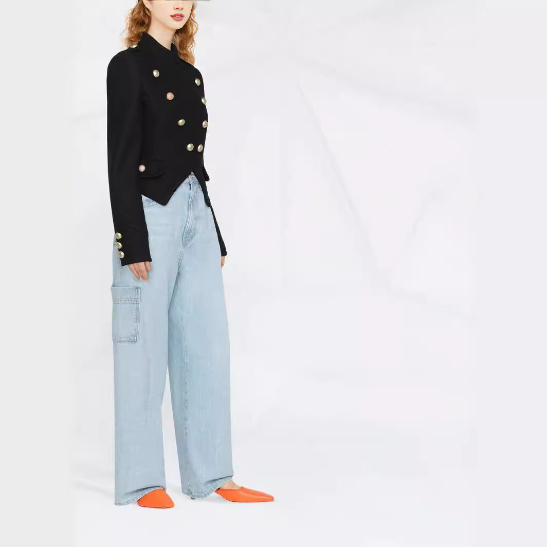 Damen Taillierter Kurzer Military‑Blazer mit Zierknöpfen und Stehkragen Echoarchiv