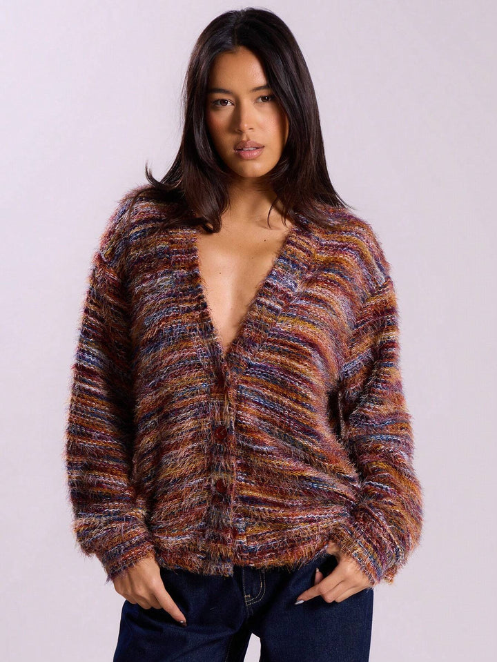 Damen Oversize-Flauschpullover mit weitem Carmen‑Ausschnitt und melierter Strickstruktur Echo Archiv