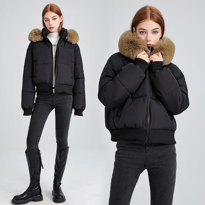 Damen Kurz-Bomber-Steppjacke mit abnehmbarem Plüschkragen und geripptem Saum Echo Archiv