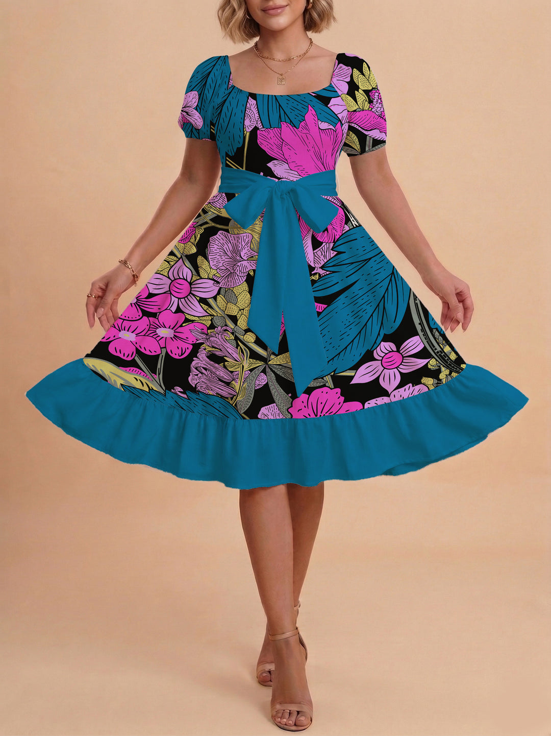 Damen modernes Blumenkleid mit elegantem Taillengürtel und asymmetrischem Saum Echo Archiv