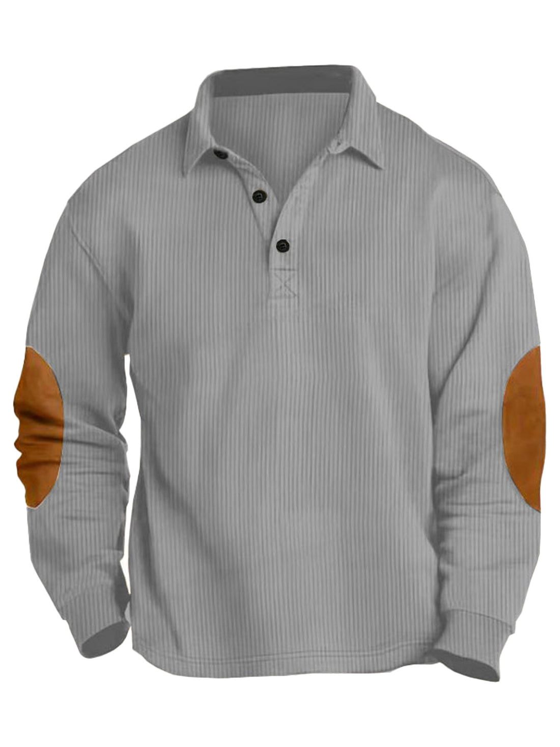 Herren legeres Langarm-Poloshirt mit Hemdkragen, kurzer Knopfleiste, feiner Struktur und Velours-Ellenbogenbesatz – Cavello