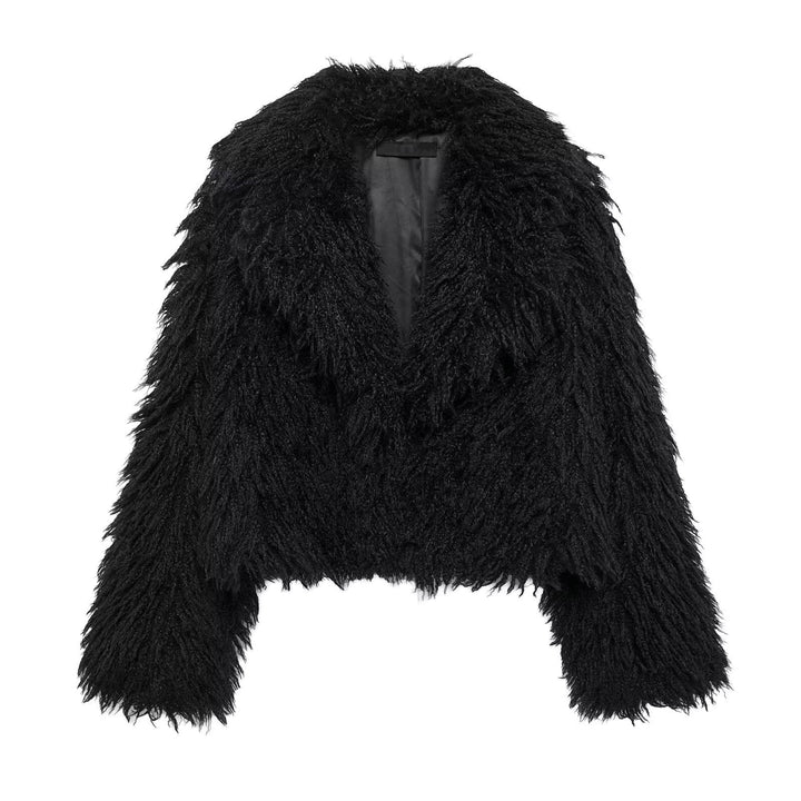 Damen Kurze Boxy-Plüschjacke im Shaggy-Look mit fallendem Revers Echo Archiv